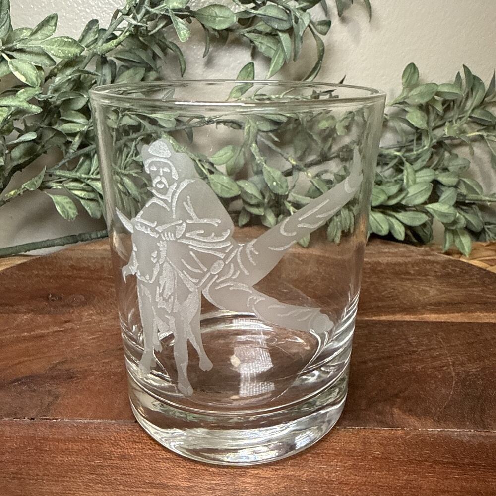 Etched Bucking Bull Dbl Old Fashioned Glass Rustic Italy By Perry Coyle ( Rare )